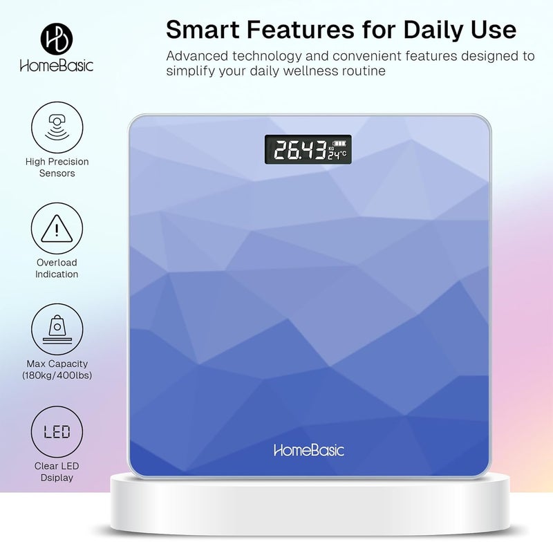 Home Basic ميزان وزن رقمي للجسم | ميزان بوزن زجاجي مقوى | سعة 180 كجم، 4 أوضاع وحدات، دقة عالية 1 جرام، ميزة الخطوة، تشغيل/إيقاف تلقائي، شاشة LCD، كريستال درجة الحرارة - Image 2
