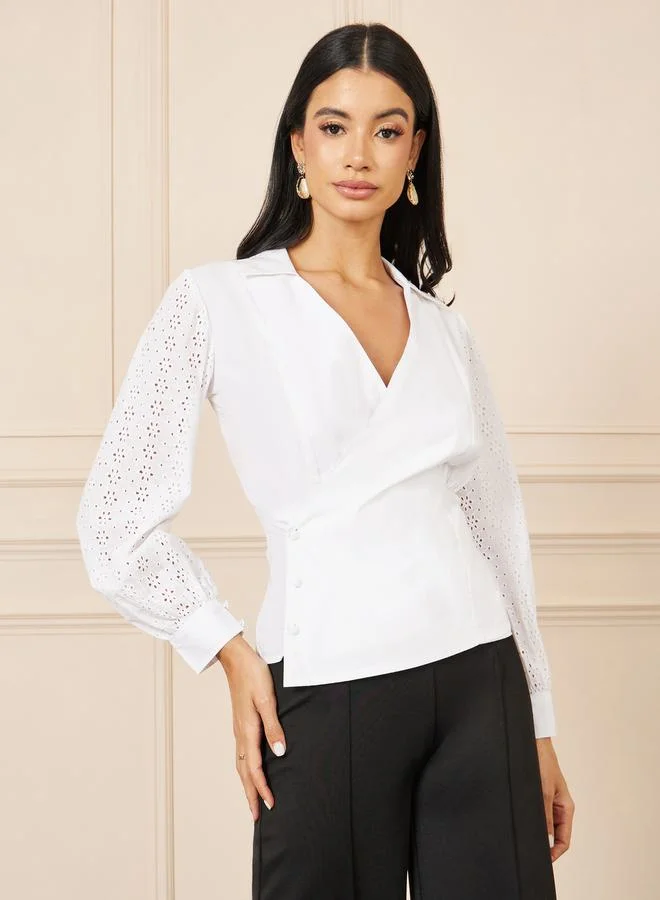 Styli Schiffli Long Sleeves Button Closure Wrap Top