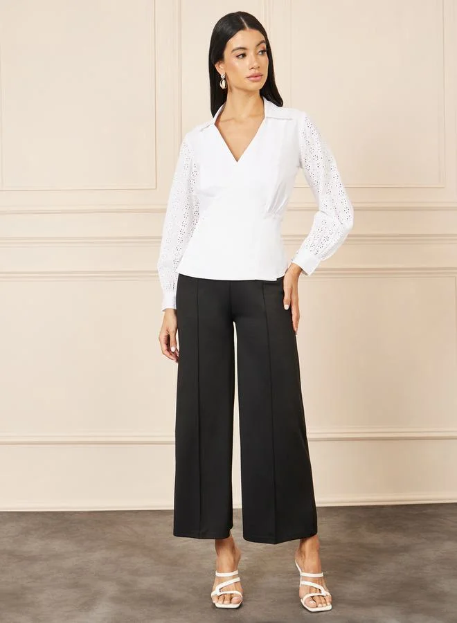 Styli Schiffli Long Sleeves Button Closure Wrap Top