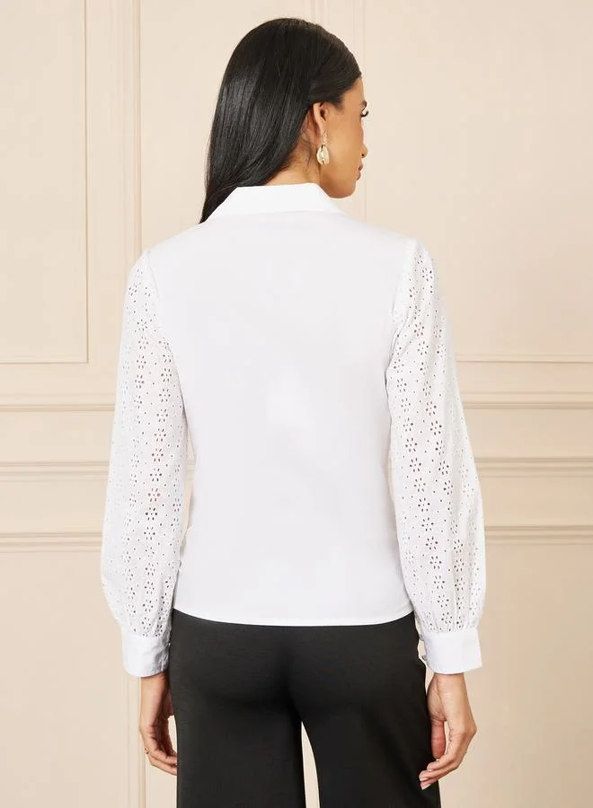 Styli Schiffli Long Sleeves Button Closure Wrap Top