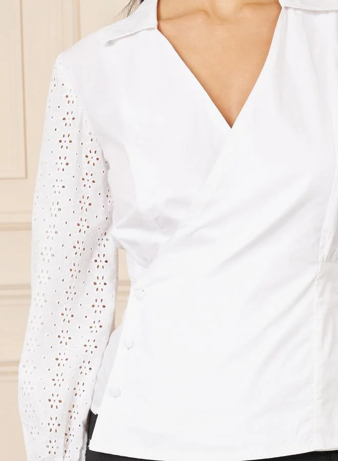 Styli Schiffli Long Sleeves Button Closure Wrap Top