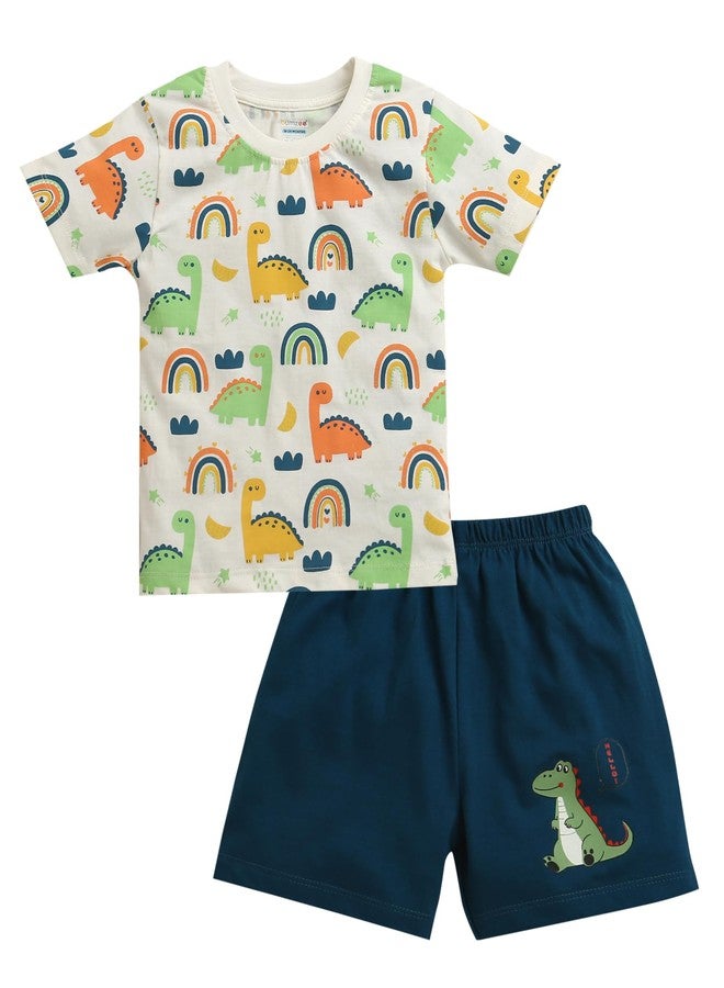 BUMZEE Baby Boys Cotton Half Sleeves Animal Print T-Shirt & Short Set Off White & Teal - 6-12 Months (Peb11267C-owt) - Image 1