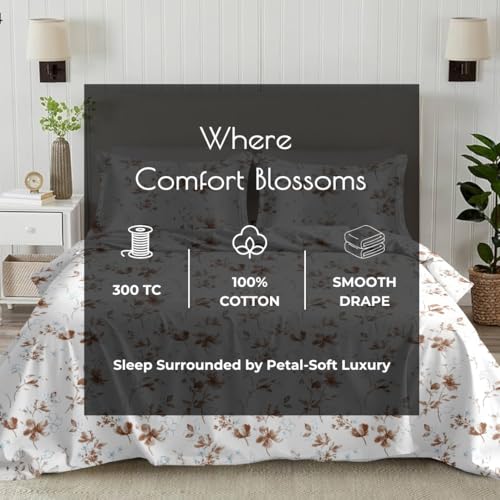 Plumora Cotton King Size Bedsheet 108x108 Super King, 100% Pure Cotton Bed Sheet with 2 Pillow Covers, 300 TC Soft Breathable Floral Design Bedding - (Brown Spring) - Image 5