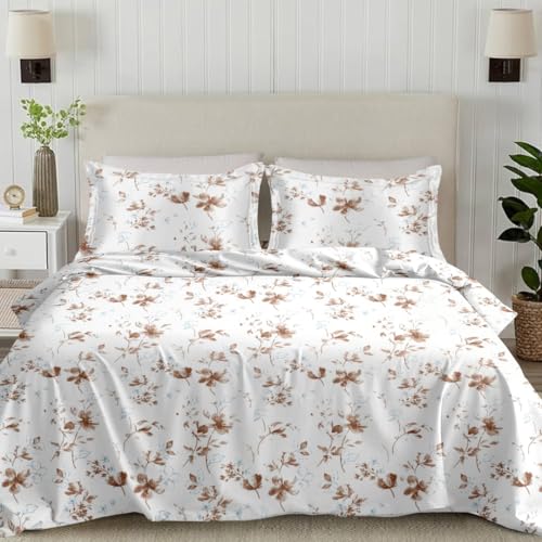 Plumora Cotton King Size Bedsheet 108x108 Super King, 100% Pure Cotton Bed Sheet with 2 Pillow Covers, 300 TC Soft Breathable Floral Design Bedding - (Brown Spring) - Image 1