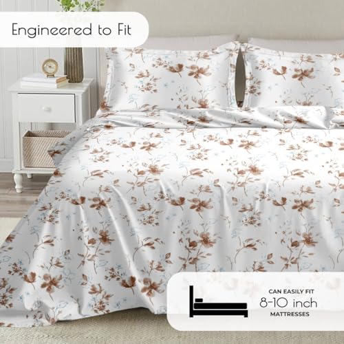 Plumora Cotton King Size Bedsheet 108x108 Super King, 100% Pure Cotton Bed Sheet with 2 Pillow Covers, 300 TC Soft Breathable Floral Design Bedding - (Brown Spring) - Image 3