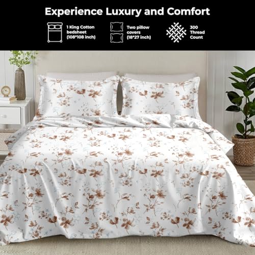 Plumora Cotton King Size Bedsheet 108x108 Super King, 100% Pure Cotton Bed Sheet with 2 Pillow Covers, 300 TC Soft Breathable Floral Design Bedding - (Brown Spring) - Image 2