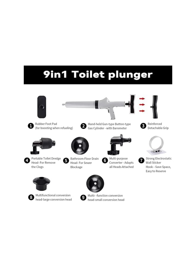 PROMASS Toilet Plunger, 9 in 1 Air Plunger for Toilet, Drain Plumb Plunger, High-Pressure Air Drain Blaster Gun with Real-Time Barometer, for Plugging Toilets, Kitchens, Bathrooms, Drain Clog Remover Tools - Image 3