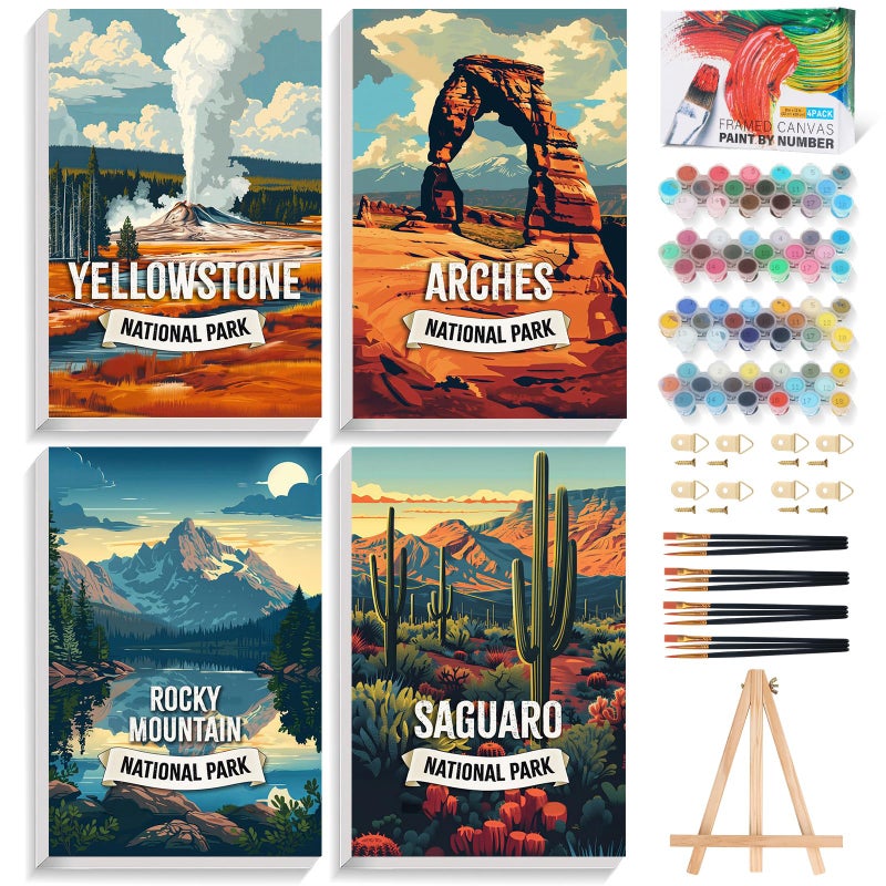 Fountor 4 Pack Framed Paint by Numbers Kit for Adults Beginners with Wooden Easel, National Park Paint by Number Kit with Frame, Landscape Painting by Numbers for Home Wall Decor 8x12 inch - Image 1