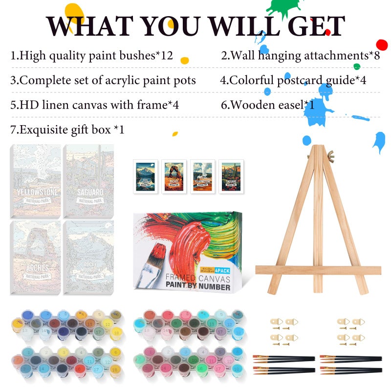 Fountor 4 Pack Framed Paint by Numbers Kit for Adults Beginners with Wooden Easel, National Park Paint by Number Kit with Frame, Landscape Painting by Numbers for Home Wall Decor 8x12 inch - Image 4