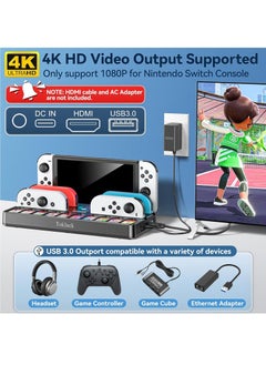 TV Docking Station with 10 Game Slots for Nintendo Switch & Switch OLED, Switch Base Station Dock with 4K HDMI Switch TV Adapter, Portable Switch Dock Replacement with 2 USB 3.0 Port