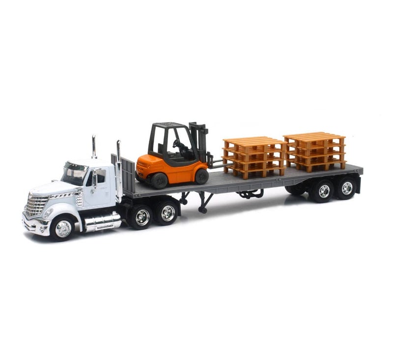 New-Ray 16643 Newray 1: 43 Long Haul Trucker - International Lonestar Flatbed with Forklift & Pallets, White,unisex-children - Image 1