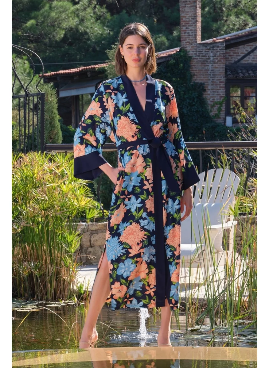 Monamise 22014 Women's Floral Patterned Front Piece Belted Woven Dressing Gown