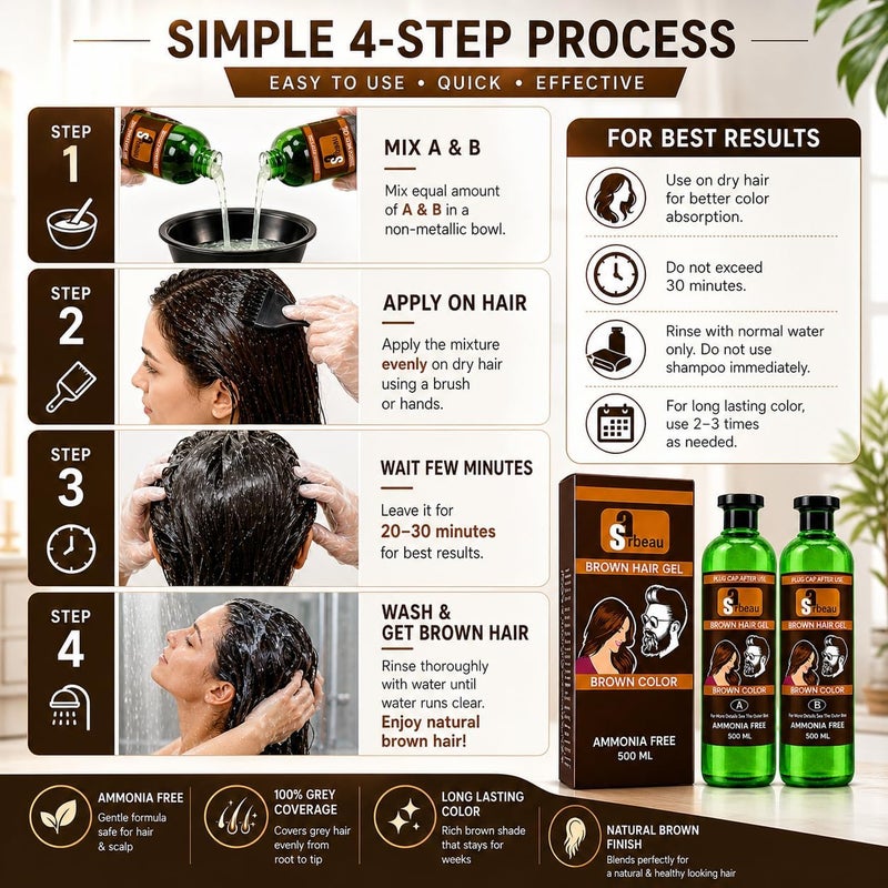 Sarbeau Fruit Vinegar Hair Colour, New Dark Brown, 500ml x 2 Bottles, Professional Hair Dye Set - Image 4