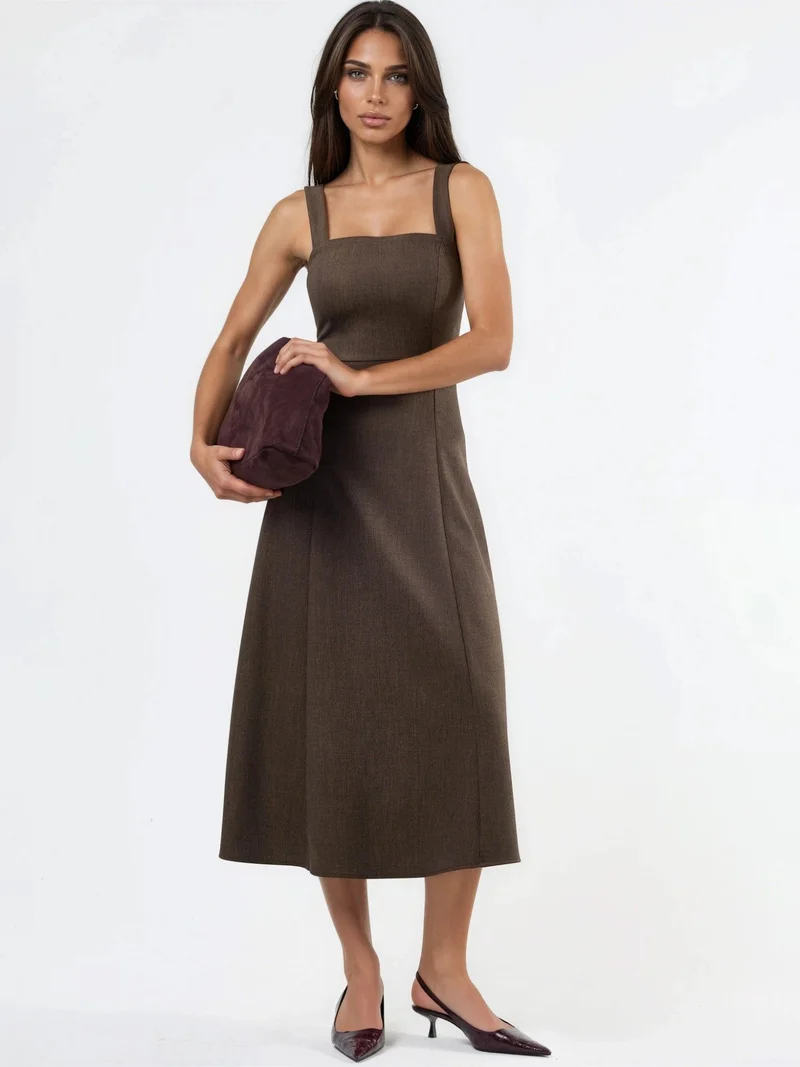 Qustyle QU STYLE Square Collar A-Line Midi Dress