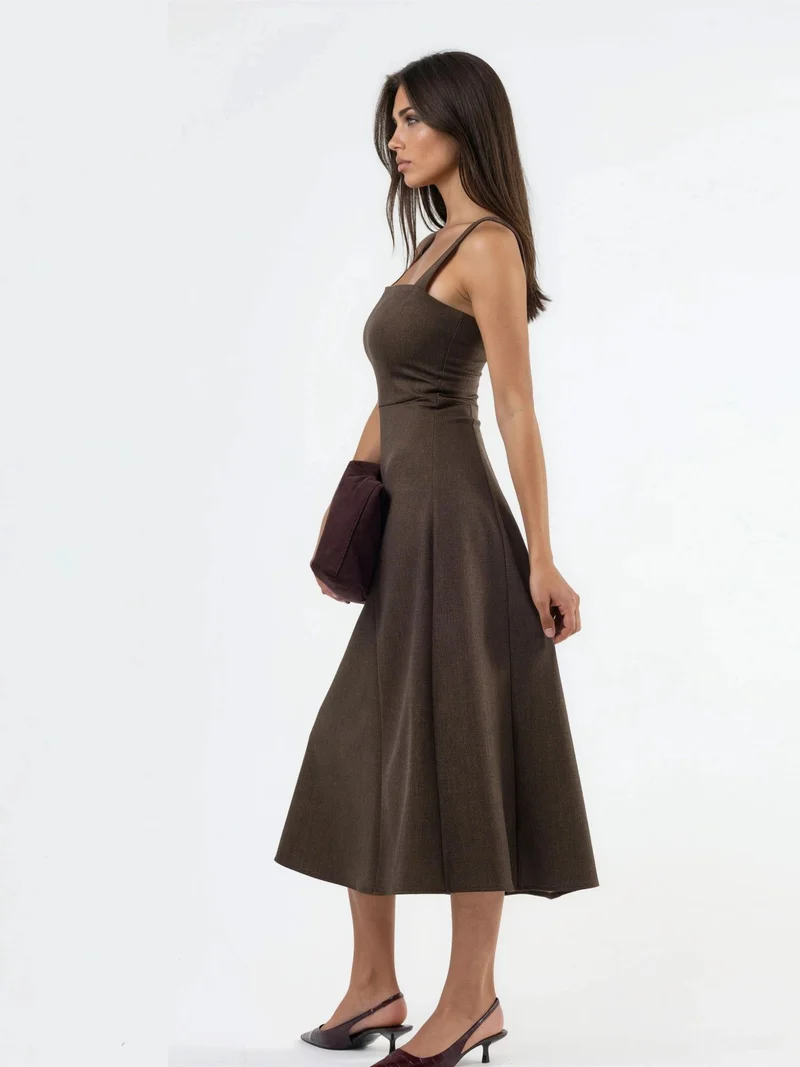 Qustyle QU STYLE Square Collar A-Line Midi Dress