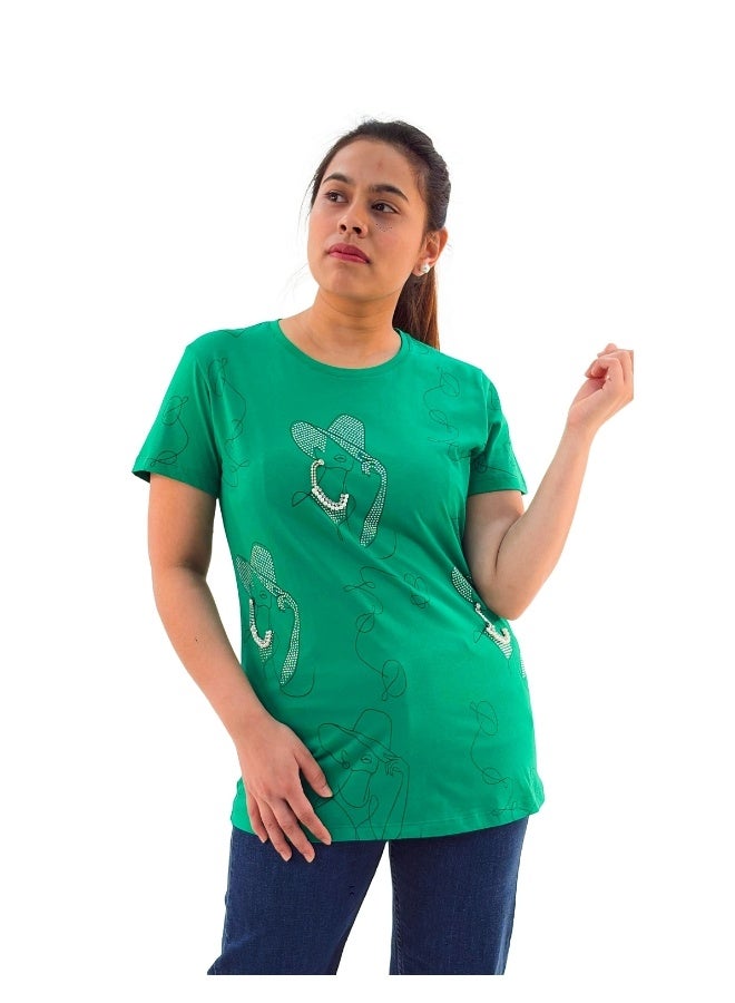 JOANNA تي شيرت نسائي بتصميم تجريدي بياقة دائرية وأكمام قصيرة - أخضر - Image 1