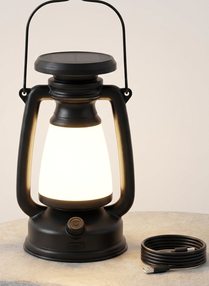 LY16B Retro LED Camping Lamp with Solar Charging and Type-C Port - Classic LED Camping Lantern - Solar Powered & USB Charging - Portable Rechargeable Emergency Light for Trips & Gardens with Carrying Handle - Image 2