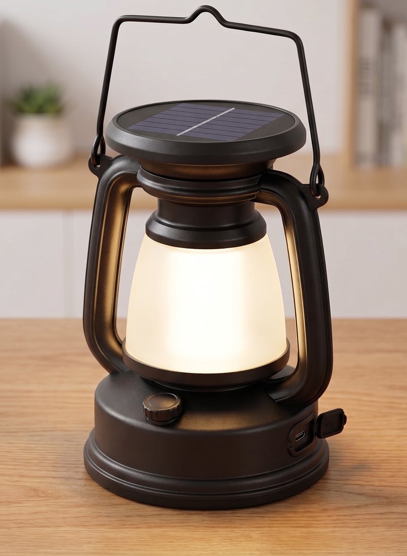 LY16B Retro LED Camping Lamp with Solar Charging and Type-C Port - Classic LED Camping Lantern - Solar Powered & USB Charging - Portable Rechargeable Emergency Light for Trips & Gardens with Carrying Handle - Image 1