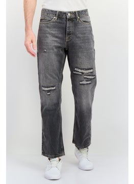 TOPMAN Men Regular Fit Rip No Stretch Jeans, Washed Black  - Image 1
