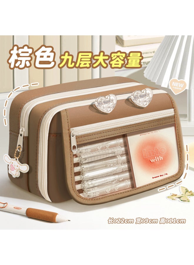 9-layer Pencil Bag Transparent Flip Cover Large Capacity Girls Stationery Bag Boys Pencil Case Junior High School High School High-value Pain Bag