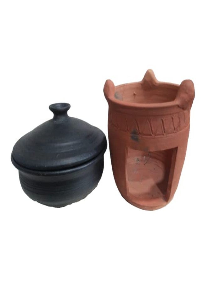 Ak Creation Clay Brown sigdi with Black Clay kadhai with lid for Cooking Good Food Like Paneer kadhai/Chicken Kadhai/Chicken Handi/Paneer Handi/Dal Fry/etc 1 Set Pack of 2 Piece - Image 1