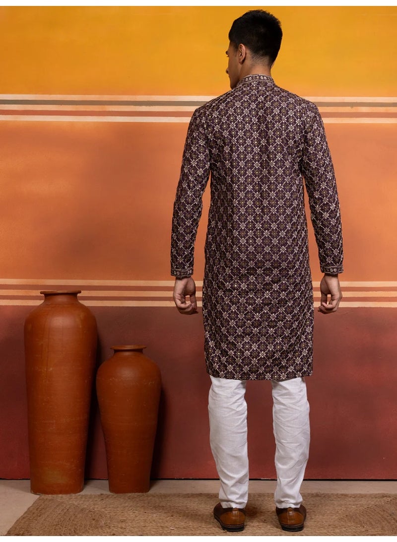 Devoiler Mens Purple Embellished Cotton Kurta Set - Image 1