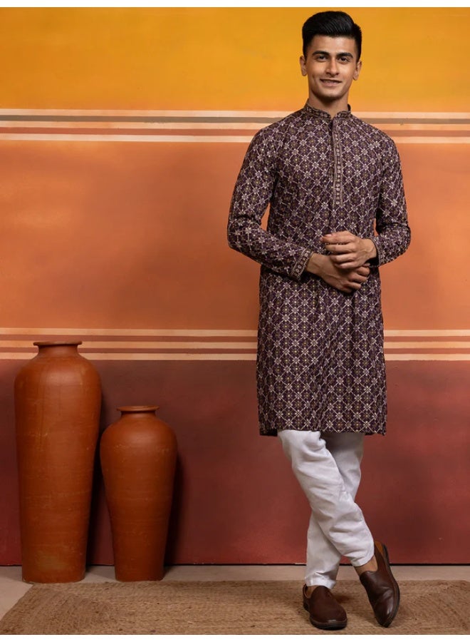 Devoiler Mens Purple Embellished Cotton Kurta Set - Image 2
