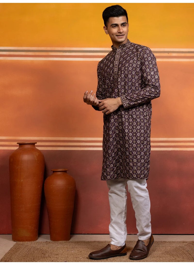 Devoiler Mens Purple Embellished Cotton Kurta Set - Image 5