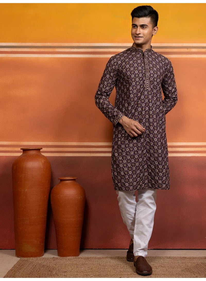 Devoiler Mens Purple Embellished Cotton Kurta Set - Image 4