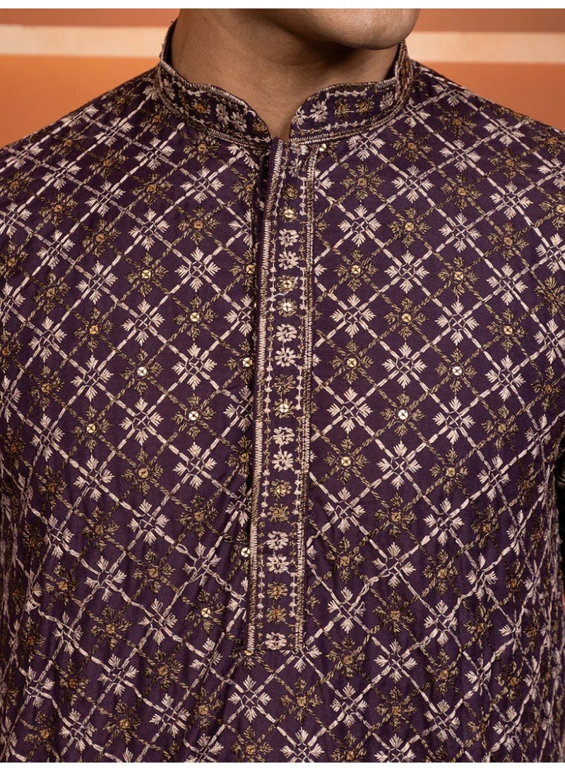 Devoiler Mens Purple Embellished Cotton Kurta Set - Image 3