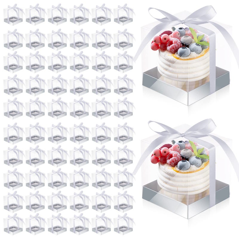 Eaasty 100 Pieces Individual Clear Cupcake Boxes 35 Inch Plastic Silver Cupcake Containers Single Cookie Carrier with Inserts and Ribbon Transparent Cupcake Holder for Wedding Birthday Party Favors