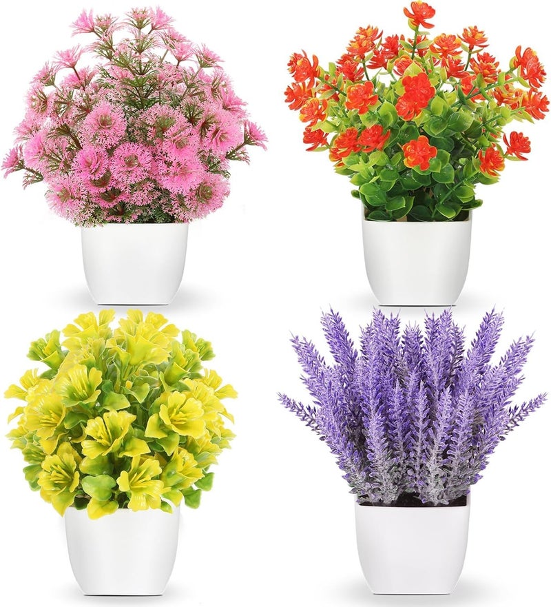 4 قطع نباتات اصطناعية مع أصيص، نباتات اصطناعية صغيرة للديكور الداخلي، زهور اصطناعية، ديكور المطبخ، نباتات للمنزل، المكتب، سطح المكتب، الحمام، وديكور الفندق - Image 1