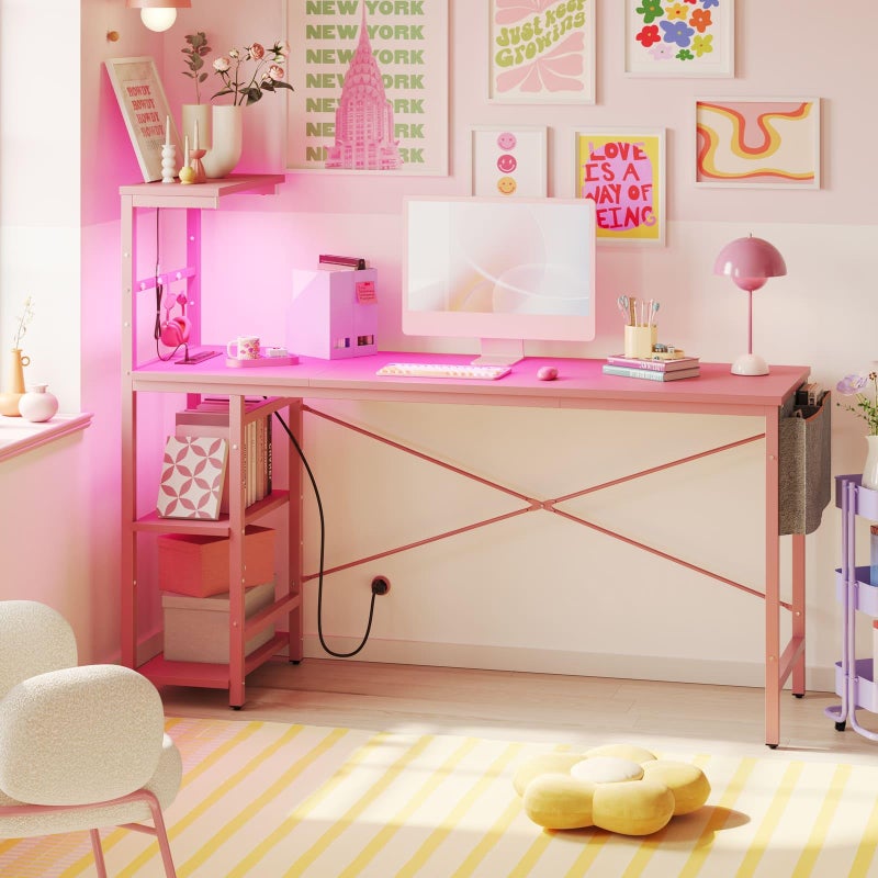Bestier Gaming Desk with Power Outlets 61 Inch Large Led Gamer Desk with 4 Tiers Reversible Shelves PC Gaming Table with Headset Hook  Side Storage Bag for Bedroom Pink 3D Carbon Fiber