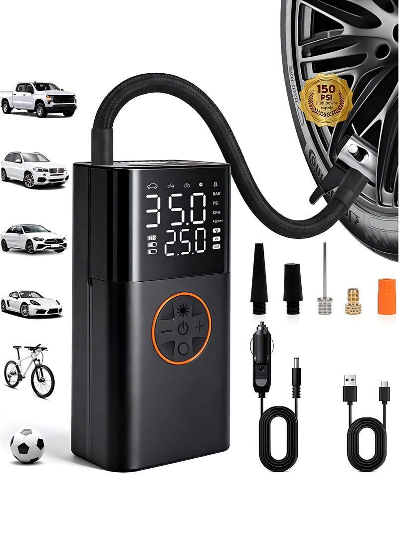 Portable Tire Inflator Air Compressor 150PSI with Cordless & 12V Dual Power, Fast Inflation Car Tire Pump, LCD Digital Display, Auto Shut-Off, USB Charging Output for Car, Motorcycle, Bike, Scooter & Balls - Image 1