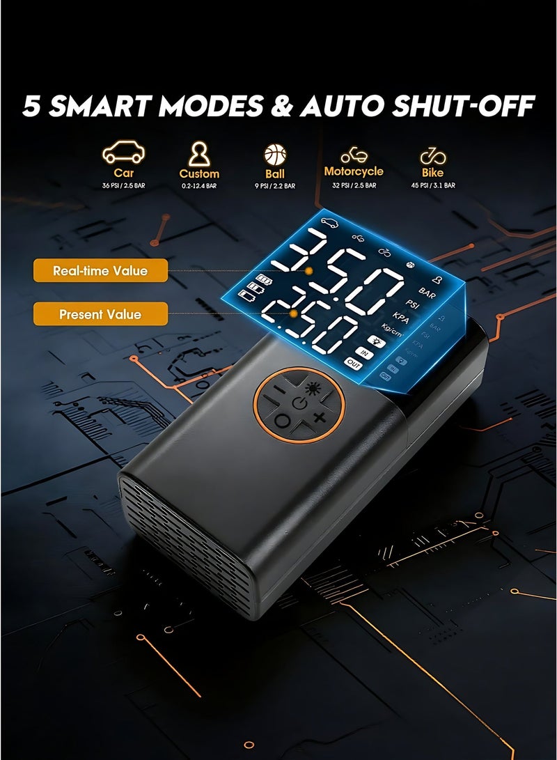Portable Tire Inflator Air Compressor 150PSI with Cordless & 12V Dual Power, Fast Inflation Car Tire Pump, LCD Digital Display, Auto Shut-Off, USB Charging Output for Car, Motorcycle, Bike, Scooter & Balls - Image 2