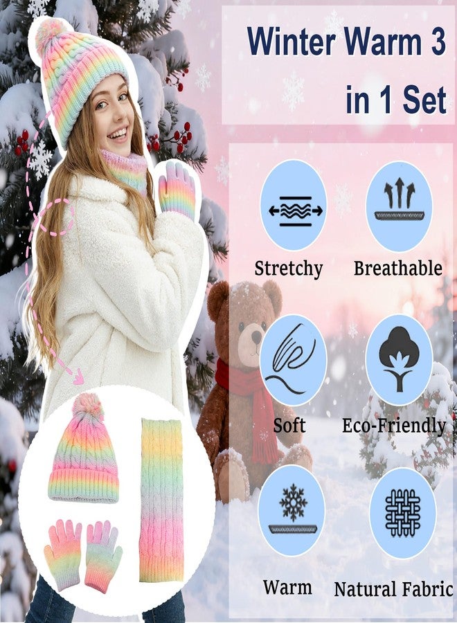 techcity Girls Winter Hat Scarf Gloves Set, Warm Fleeve Rainbow Color Beanie Knit Scarf Mittens Kids Children Christmas Gifts - Image 3
