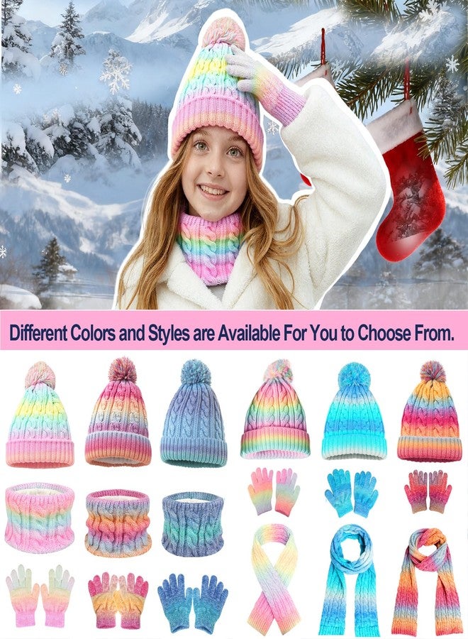 techcity Girls Winter Hat Scarf Gloves Set, Warm Fleeve Rainbow Color Beanie Knit Scarf Mittens Kids Children Christmas Gifts - Image 2