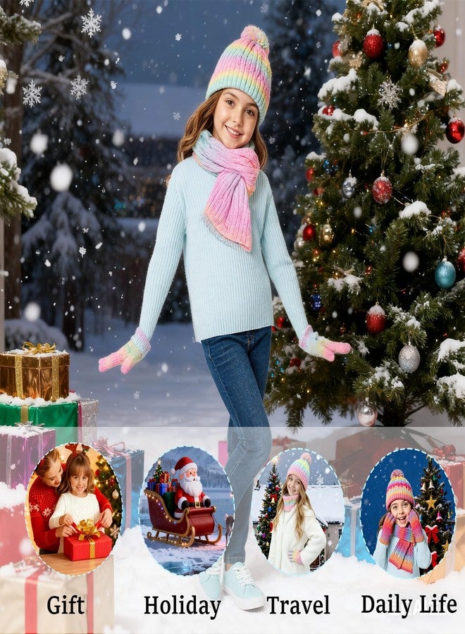 techcity Girls Winter Hat Scarf Gloves Set, Warm Fleeve Rainbow Color Beanie Knit Scarf Mittens Kids Children Christmas Gifts - Image 4