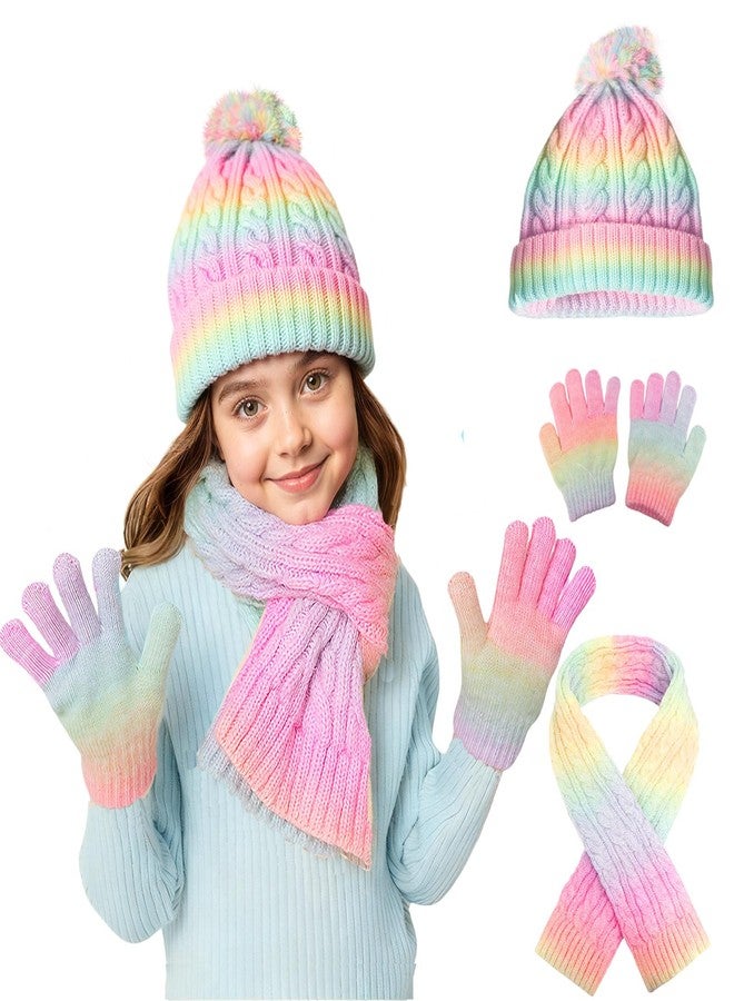 techcity Girls Winter Hat Scarf Gloves Set, Warm Fleeve Rainbow Color Beanie Knit Scarf Mittens Kids Children Christmas Gifts - Image 1