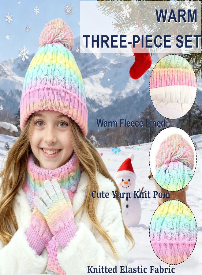 techcity Girls Winter Hat Scarf Gloves Set, Warm Fleeve Rainbow Color Beanie Knit Scarf Mittens Kids Children Christmas Gifts - Image 5