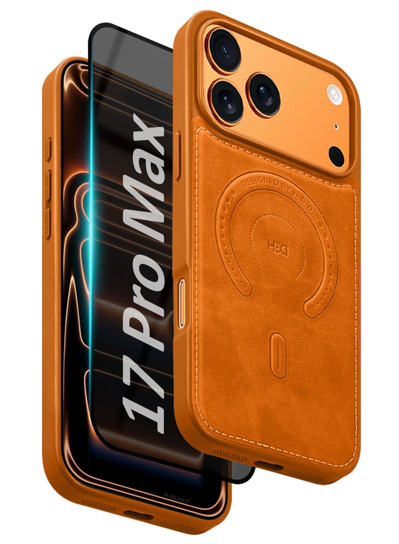 HDD Premium Leather Case and Screen Protector Compatible with iPhone 17 Pro Max, Slim MagSafe Shockproof Protective Cover with Metallic Camera Ring & Tactile Buttons – Cosmic Orange - Image 1