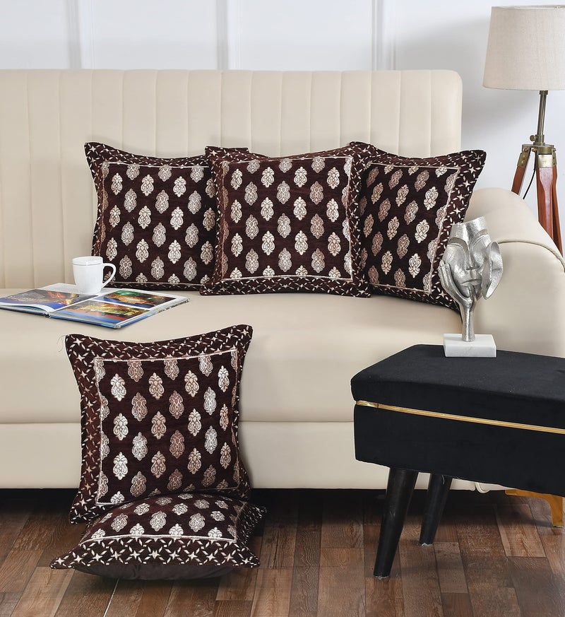 LOOMLYFE Jacquard Geomteric Cushion Covers 16 Inch X 16 Inch Set Of 5 Ethnic Motifs Cushion Covers,Design- Ambi,Color- Coffee, 240 TC - Image 1