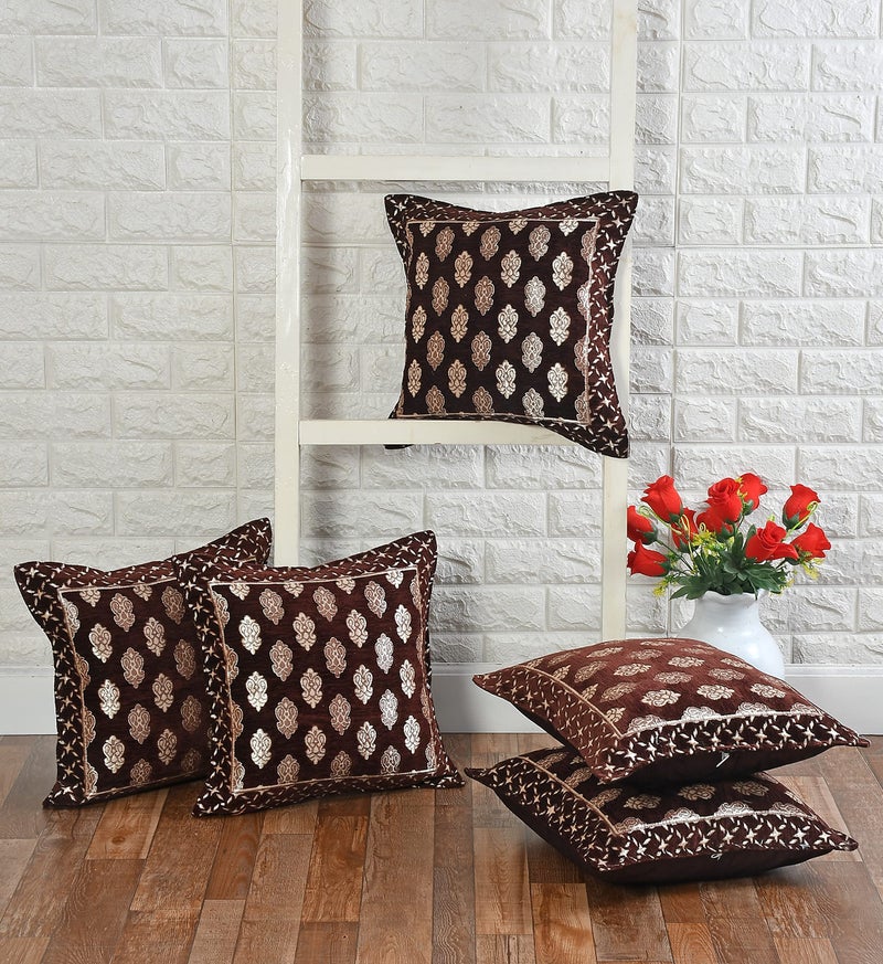 LOOMLYFE Jacquard Geomteric Cushion Covers 16 Inch X 16 Inch Set Of 5 Ethnic Motifs Cushion Covers,Design- Ambi,Color- Coffee, 240 TC - Image 2
