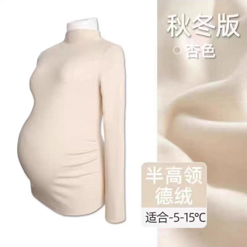 Pregnant Womens Fashion Autumn and Winter Two-piece Set Pregnant Womens Adjustable Abdominal Pants Solid Color Velvet Warm Bottoming Shirt suit 245# apricot top 