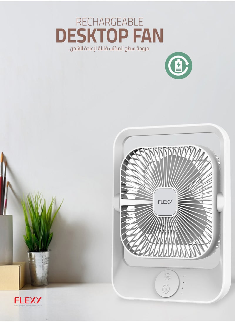 Flexy - FLEXY® Rechargeable Desktop Fan – 8 Inch Portable Fan for Home & Office with LED Light, 3 Speeds, USB Charging, Adjustable Angle, Quiet Operation, Cool White - Image 1