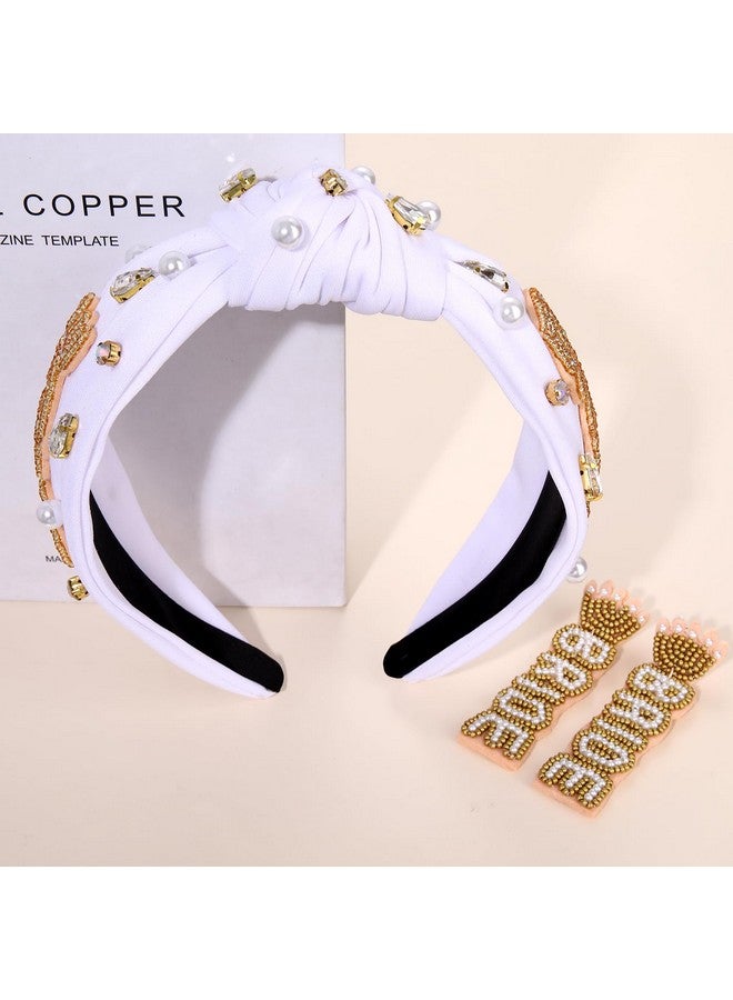 PHALIN Bride Headband For Women Bachelorette Party Decorations Beaded Bride Knotted Headband Embellished Crystal Pearl Wide Top Knot Headband Bridal Shower Wedding Hair Accessories Party Gifts (Bride A) - Image 3