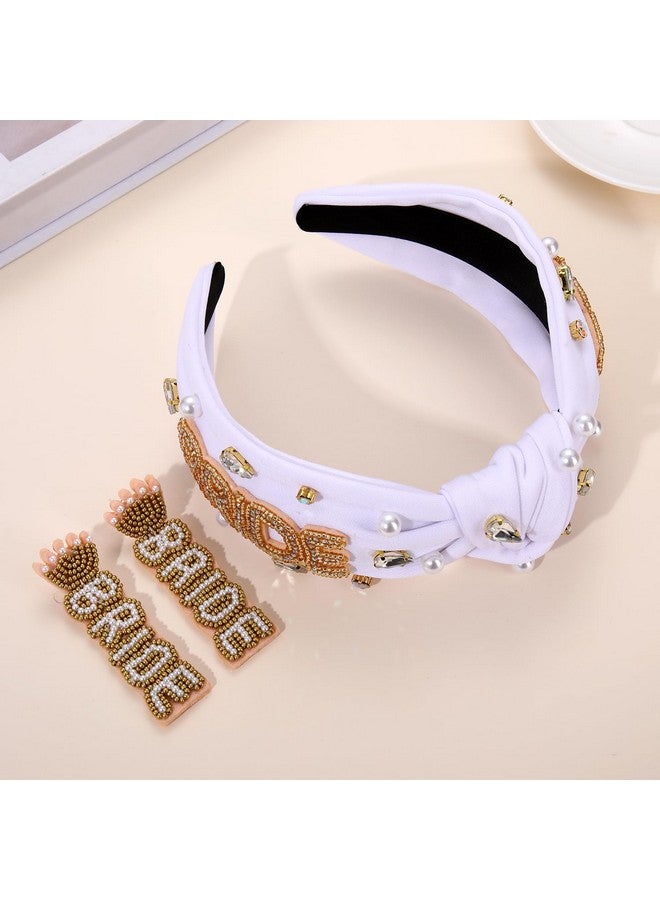 PHALIN Bride Headband For Women Bachelorette Party Decorations Beaded Bride Knotted Headband Embellished Crystal Pearl Wide Top Knot Headband Bridal Shower Wedding Hair Accessories Party Gifts (Bride A) - Image 2