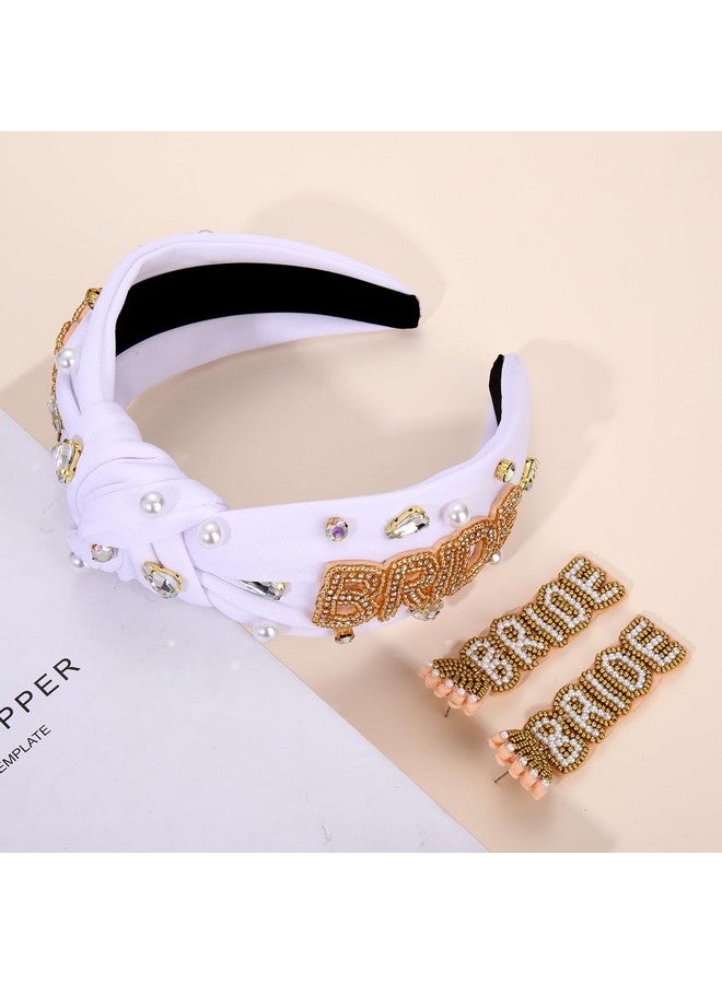 PHALIN Bride Headband For Women Bachelorette Party Decorations Beaded Bride Knotted Headband Embellished Crystal Pearl Wide Top Knot Headband Bridal Shower Wedding Hair Accessories Party Gifts (Bride A) - Image 4