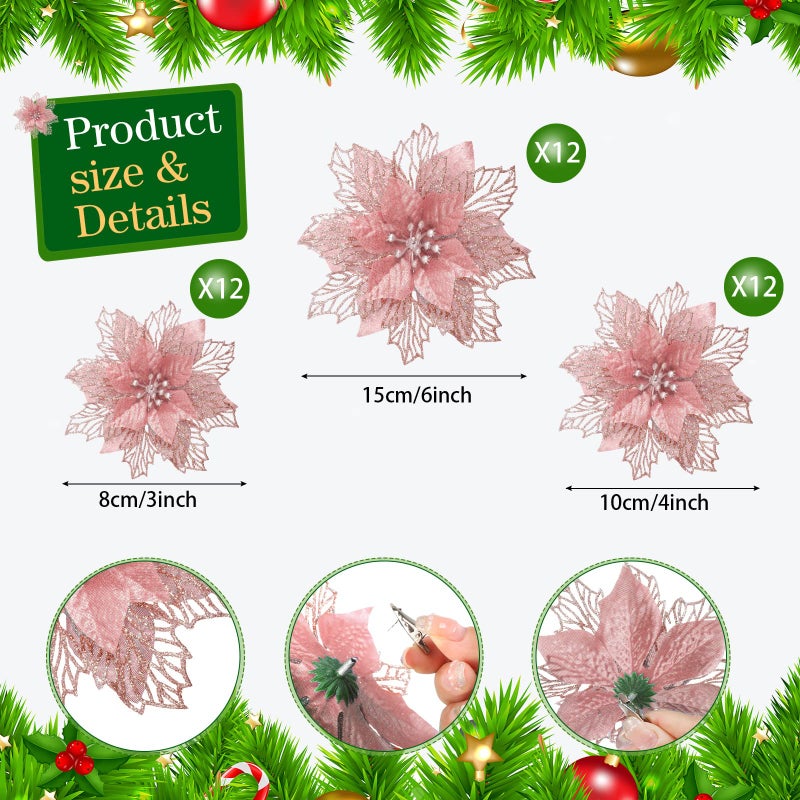 Geosar 36 Pcs 3 Size Christmas Poinsettia Flowers 3'' 4'' 6'' Tree Decorations Glitter Faux Flowers Xmas Artificial Poinsettia Ornaments New Year for Party Favor(Rose Gold) - Image 2