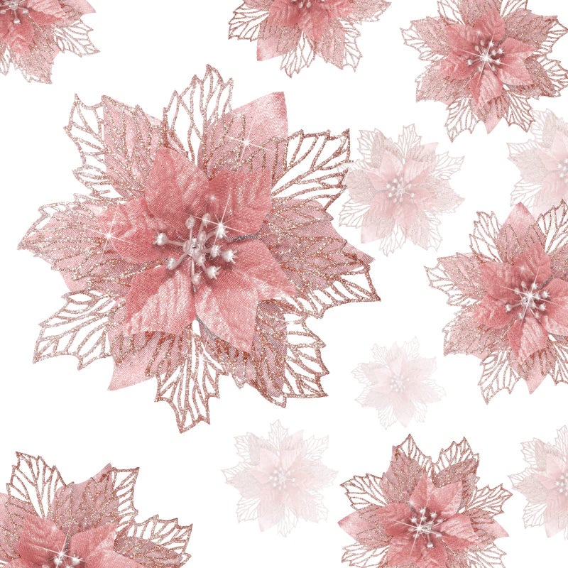 Geosar 36 Pcs 3 Size Christmas Poinsettia Flowers 3'' 4'' 6'' Tree Decorations Glitter Faux Flowers Xmas Artificial Poinsettia Ornaments New Year for Party Favor(Rose Gold) - Image 1